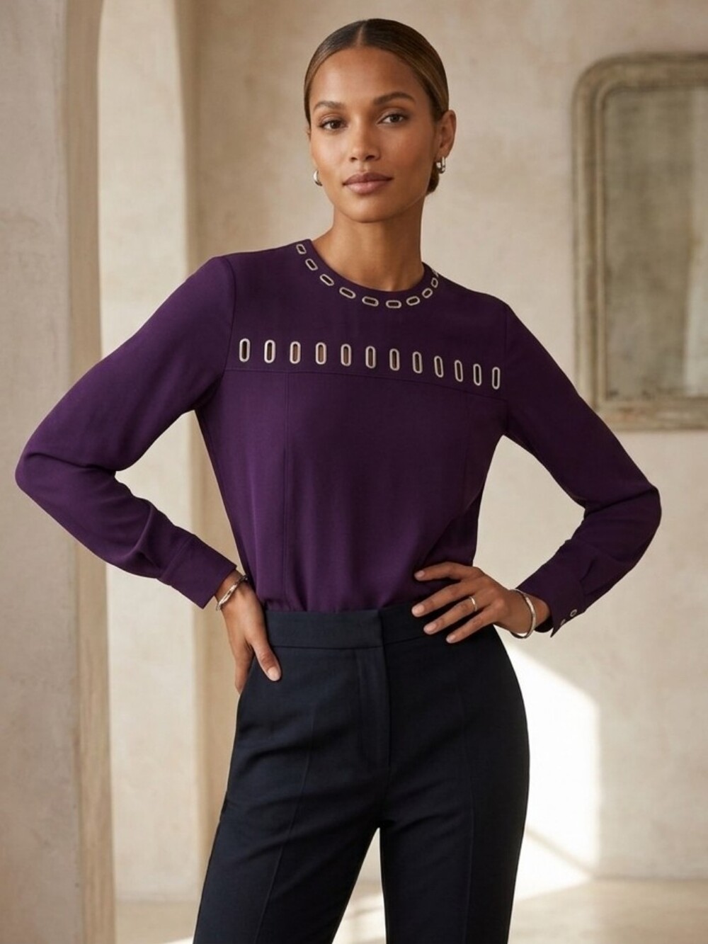 Andrew Gn Deep Purple Metal Grommet & Eyelet Blouse Designer 42 Medium.